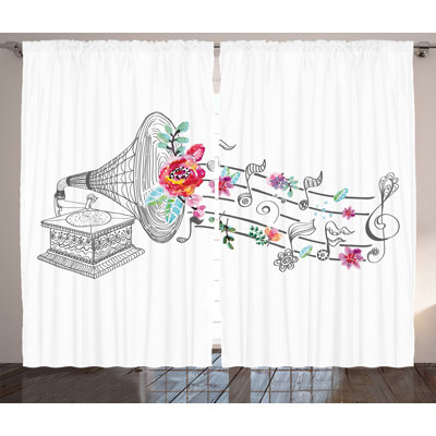 Vintage Style Gramophone Record 2 Piece Semi Sheer Curtain Set