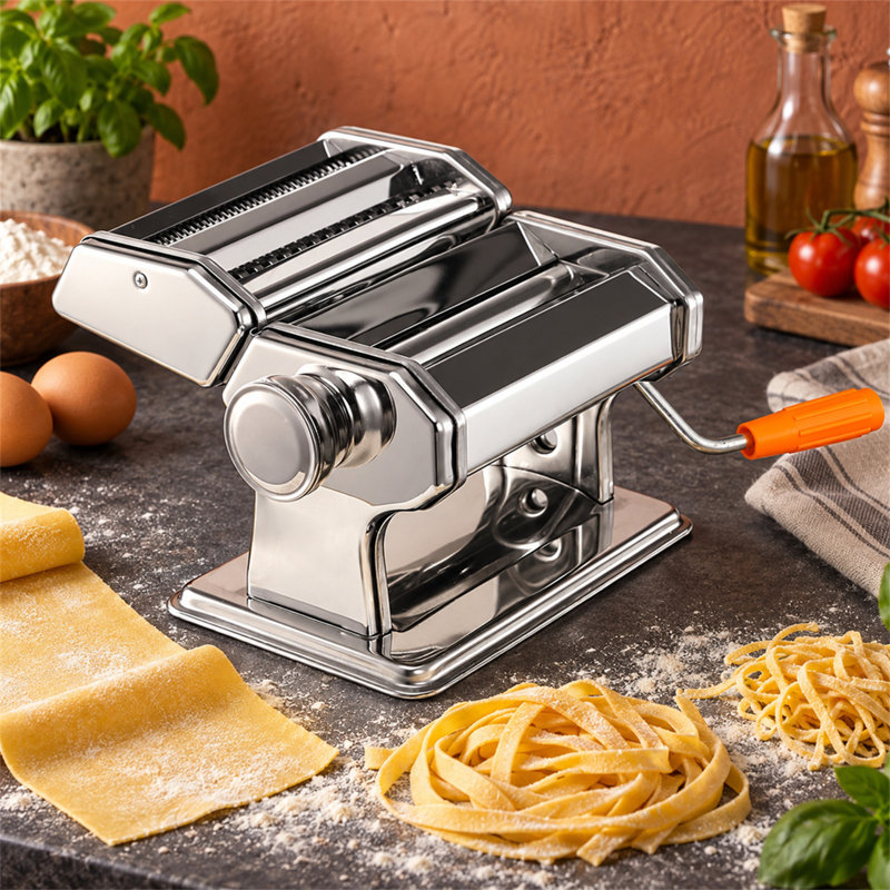 Manual Stainless Steel Pasta Roller Machine, 9 Thickness Levels & 2 Cutting Widths Hand Crank Noodle Maker for Spaghetti, Fettuccine, Lasagne & Ravioli