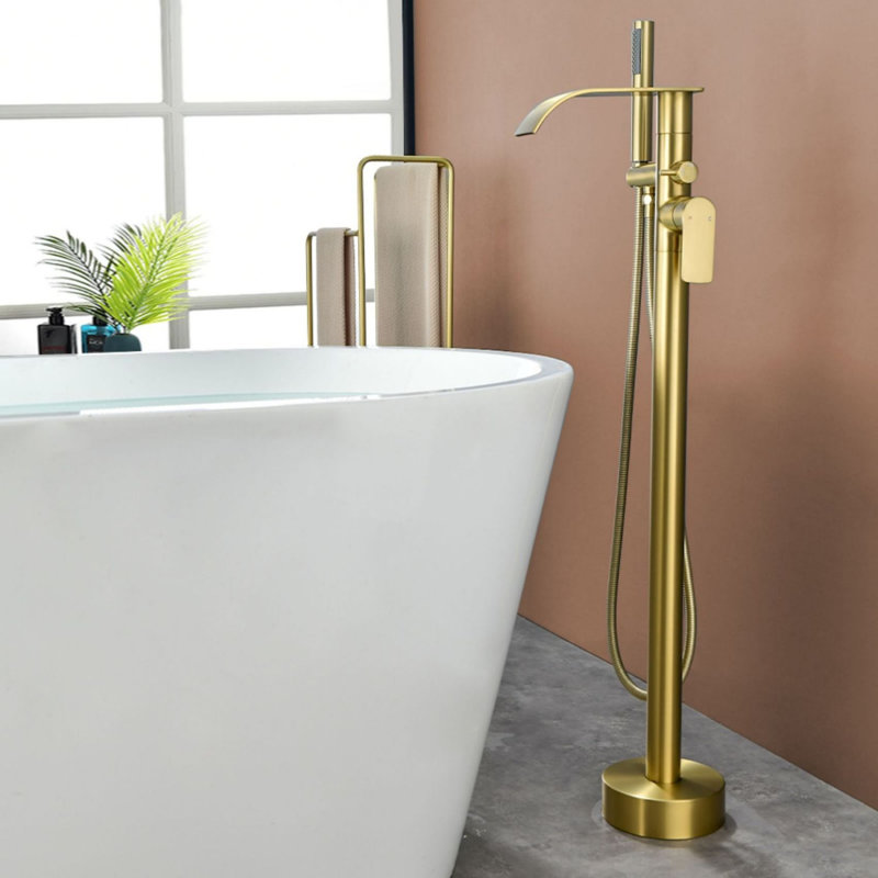 Robinet de baignoire autoportant à fixation au sol avec douche à main, Or brossé