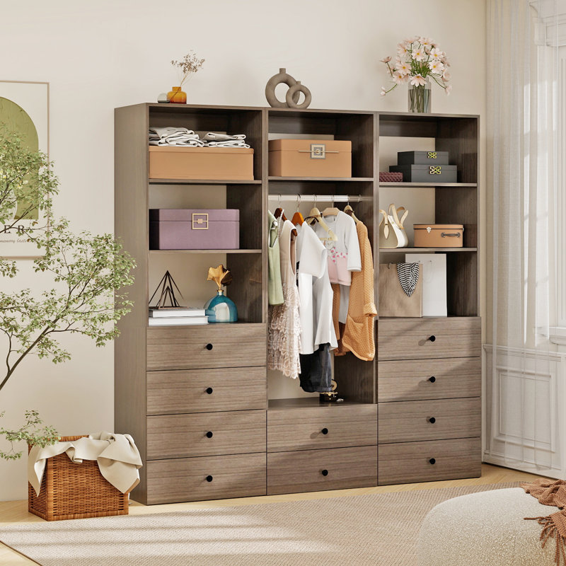 Modular Walk in Closet Organizer System with a rod,7 shelves and 10 drawers, Oak
