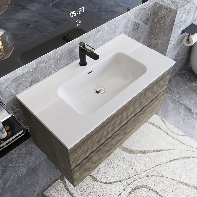 Grand meuble-lavabo mural moderne pré-assemblé en chêne brut avec lavabo en céramique intégré