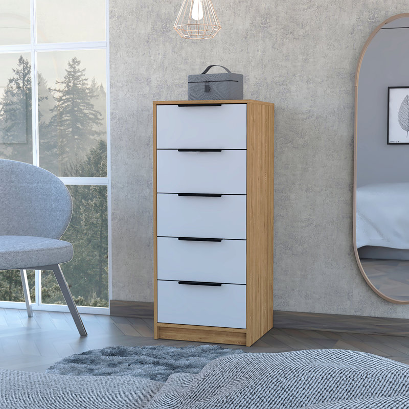 Commode 5 tiroirs, commode verticale - blanc / pin