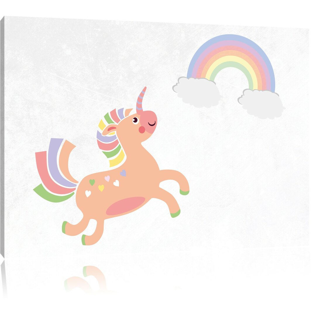 Leinwandbild Flauschiges Einhorn mit Regenbogen in Beige