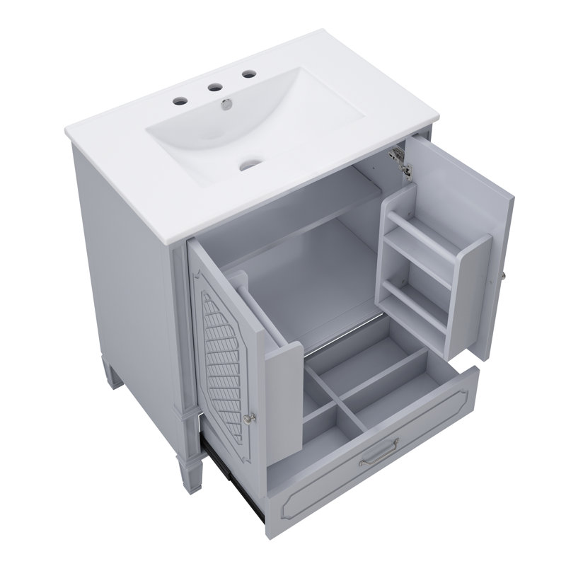  Ensemble de meuble-lavabo pour salle de bain avec lavabo double, deux armoires avec organisateurs de porte et deux tiroirs, gris