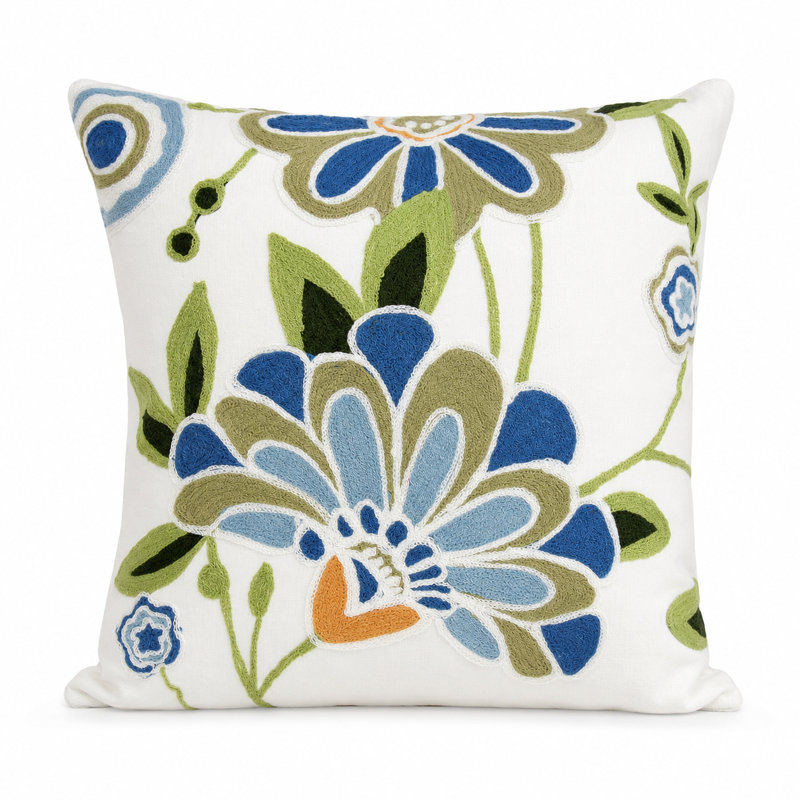 Flora Cotton Throw Pillow, Feather, Blue
