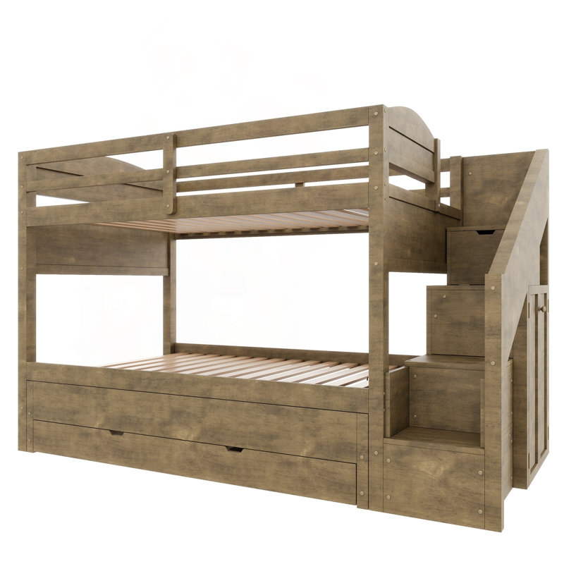 Lit simple superposé simple avec lit gigogne, trois tiroirs de rangement, escalier de rangement et garde-robe, Walnut