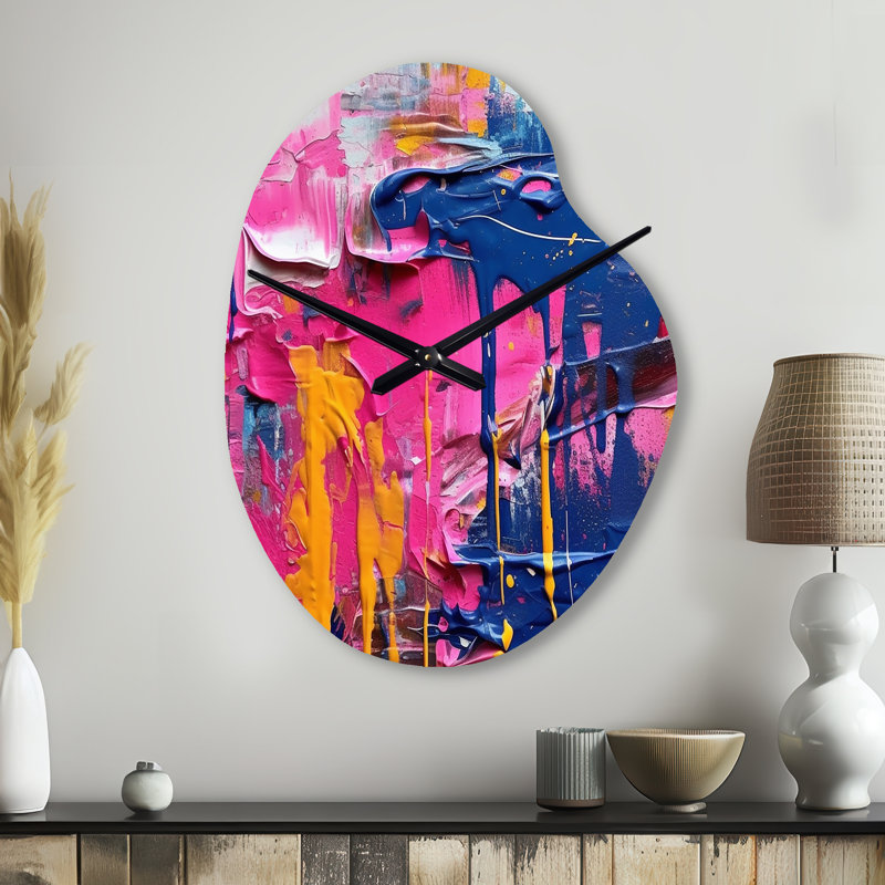 Rose et bleu - Explosions de couleur - Horloge murale abstraite de forme irrégulière, horloge murale asymétrique moderne