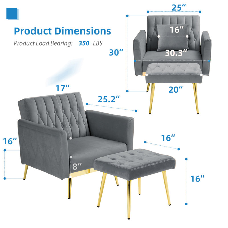 Siemon Velvet Accent Chair with Ottoman, Gray Velvet