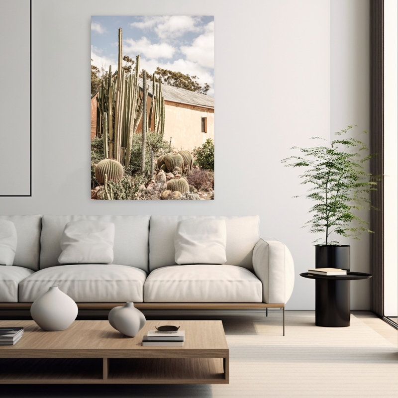 Art contemporain, paysage abstrait rétro, cactus, H 60 po x l 40 po