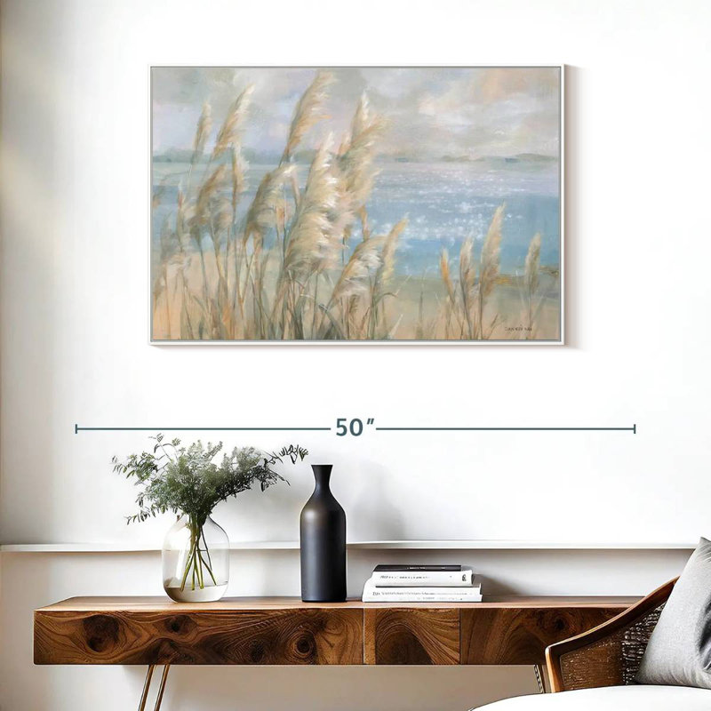 Herbe de la pampa au bord de la mer, 37 po x 25 po, Cadre flottant blanc