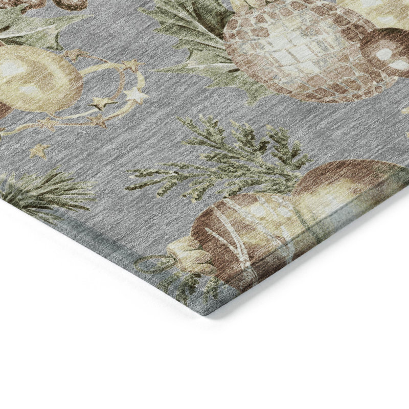 Gray Christmas Ornaments Flat Woven Synthetic Rug 5' x 7'