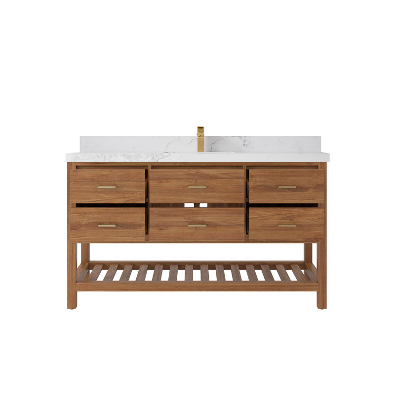 Parker Teak 60'' Single Bathroom Vanity with Quartz Top, Calacatta Nuvo