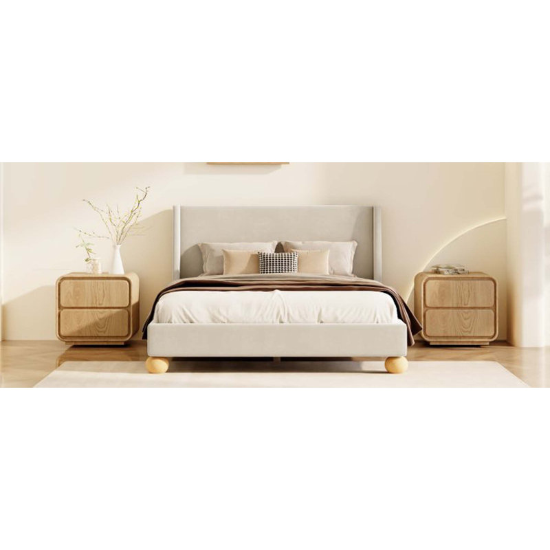 Velvet Bed with Round Wooden Legs, Beige, King