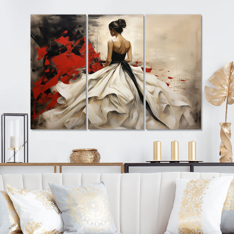 «Fashion Red Dress Elegance UnveILE V» sur toile, ensemble de 3 pièces, H 40 po x l 60 po x P 1 po