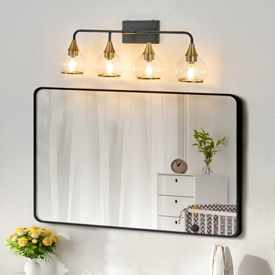 Applique murale pour salle de bain 4 lumières noire et dorée, luminaire pour meuble-lavabo lumineux avec globes en verre transparent