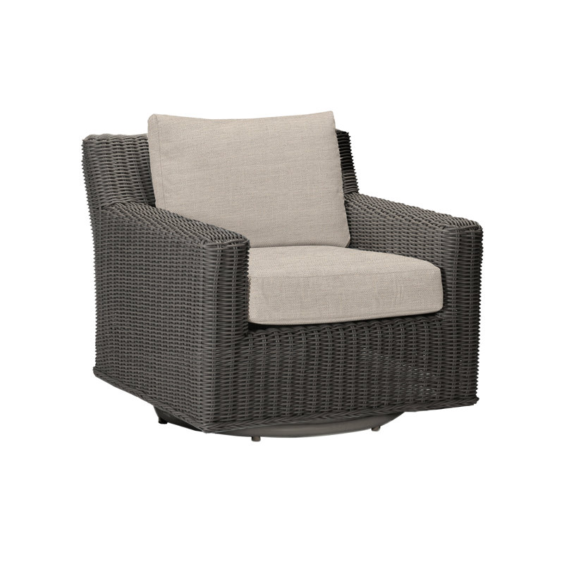 Rustic Swivel Patio Chair with Cushions, Dove Sunbrella® Linen, Black Walnut, Welt