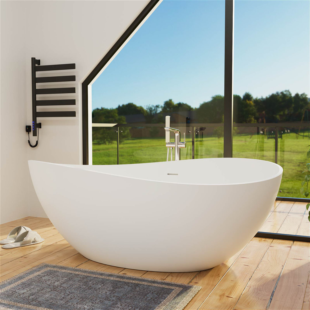 63" Egg-Shaped Wavy Curves Solid Surface Bathtub, Freestanding Seamless Deep Soak Tub with Drain & Overflow – Spa Sanctuary for Luxury Bathrooms GIVING TREE 