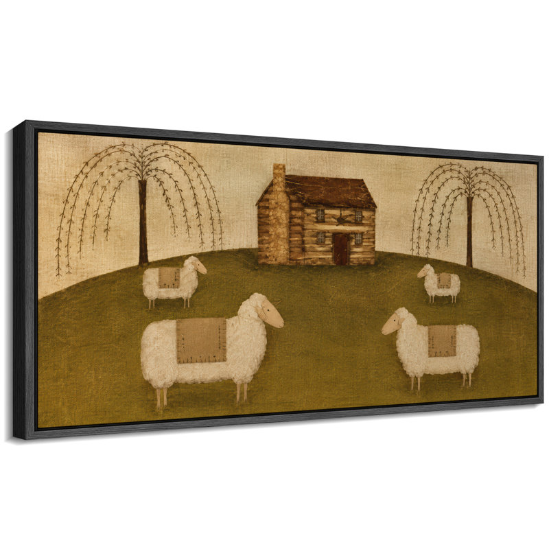 "Primitive Sheep Farmhouse Cabin Folk Art", impression sur toile encadrée, Noir