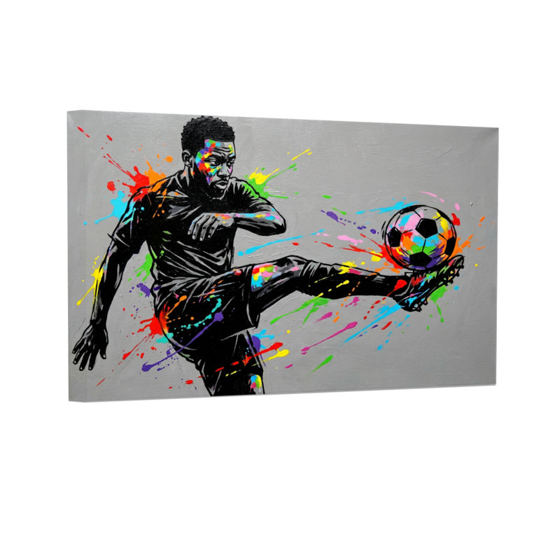 Joueur de soccer coloré en action avec ballon, H 24 po x l 36 po