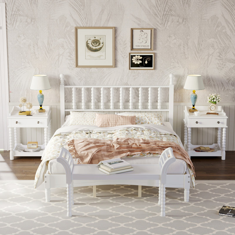 Ensemble de chambre à coucher de style rétro 4 pièces, grand lit plateforme avec tête de lit en forme de gourde, table de chevet et banc avec pieds tournés