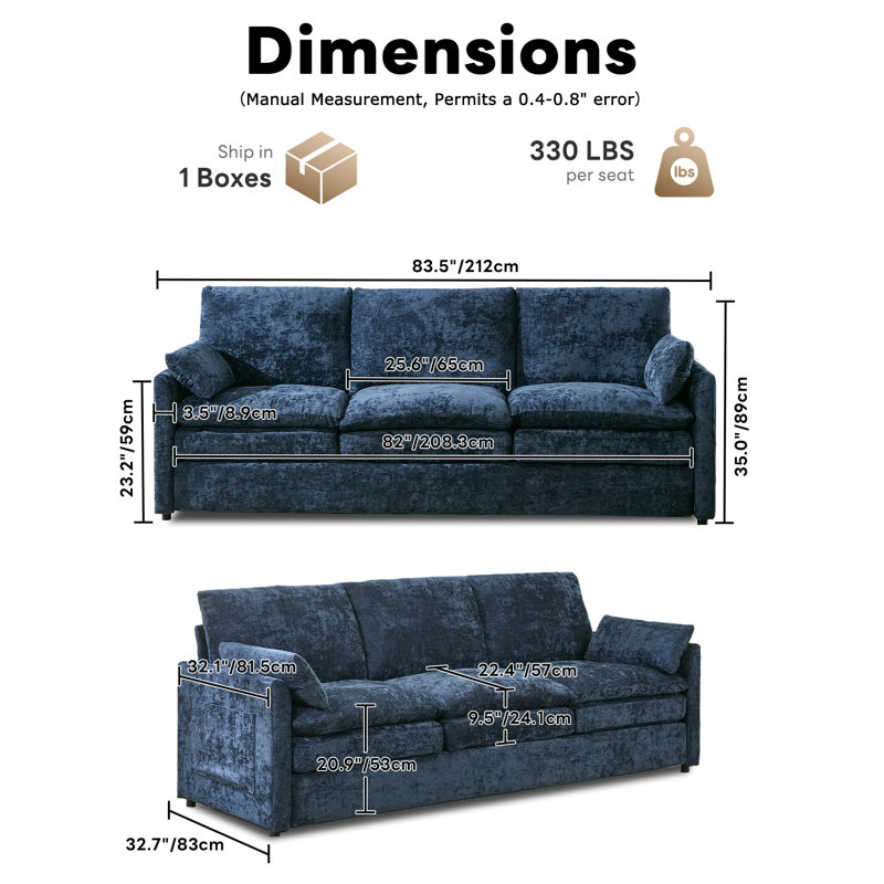 Canapé rembourré en chenille de luxe l 89 po, Bleu