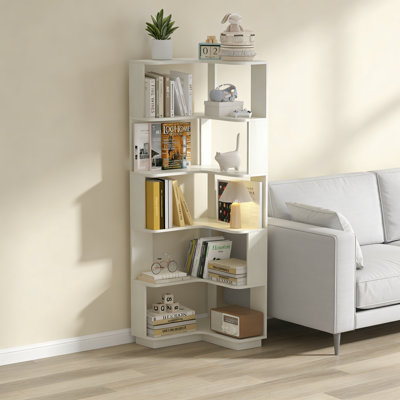 6 Tier Freestanding L-Shaped Corner Bookshelf For Living Room, Bedroom, Wooden Bookcase With Anti-Drop Panle And Anti Tipping Device, Display Shelf Open Storage Rack Organizer For Home Office White