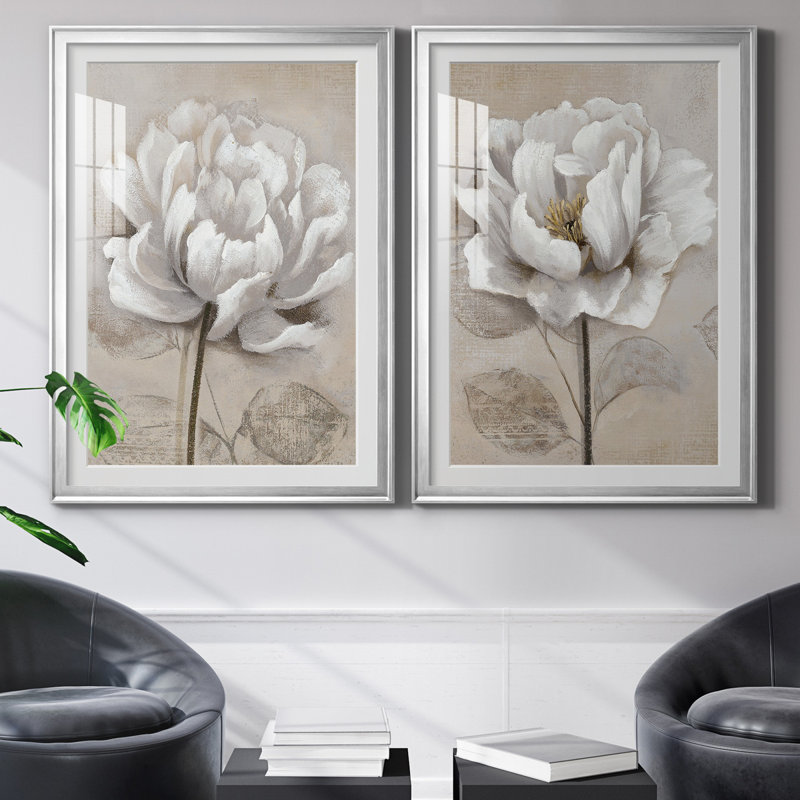"Soft White I", ensemble de 2 reproductions d'art, Impression encadrée avec passe-partout, H 26,5 po x l 73 po, Argent argent