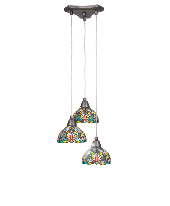 Luminaire suspendu à grappe de cordon 3 lumières Europa avec verre d'art kaléidoscope 7 po, Nickel brossé