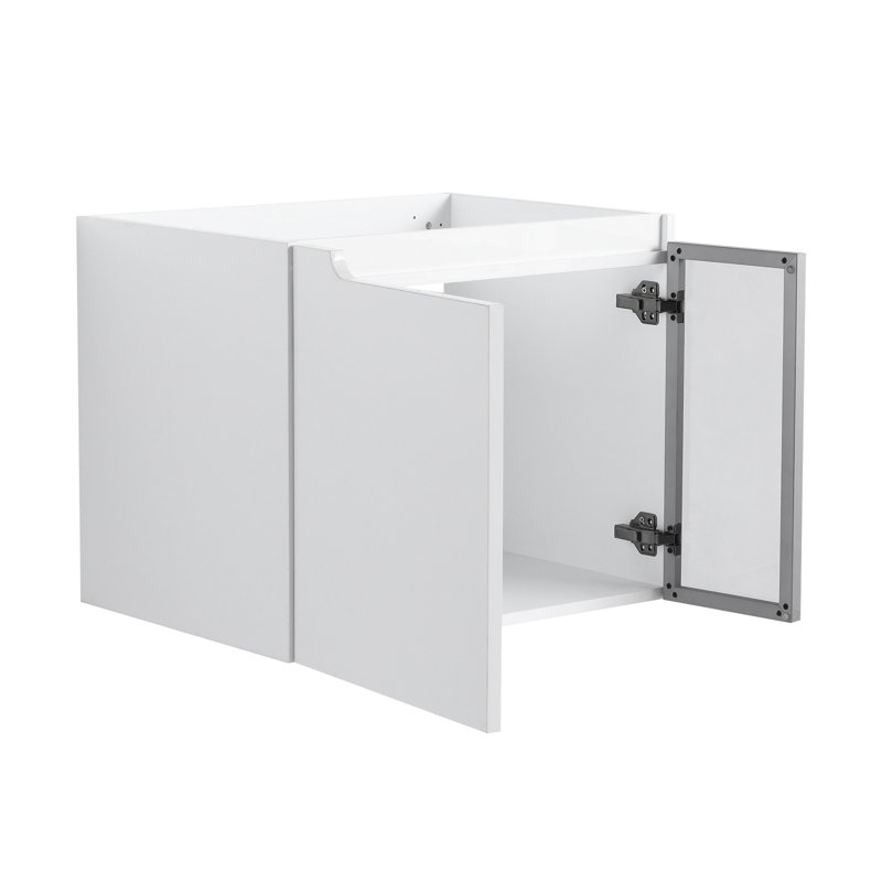 Armoire de meuble-lavabo mural blanc brillant Roomfitter avec rangement flottant deux tons avec demi-portes en verre gris