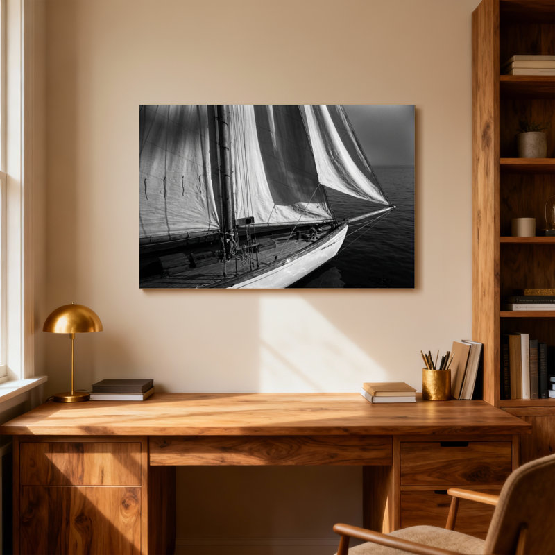 Voilier tendance sur l'eau calme en noir et blanc, H 24 po x l 36 po