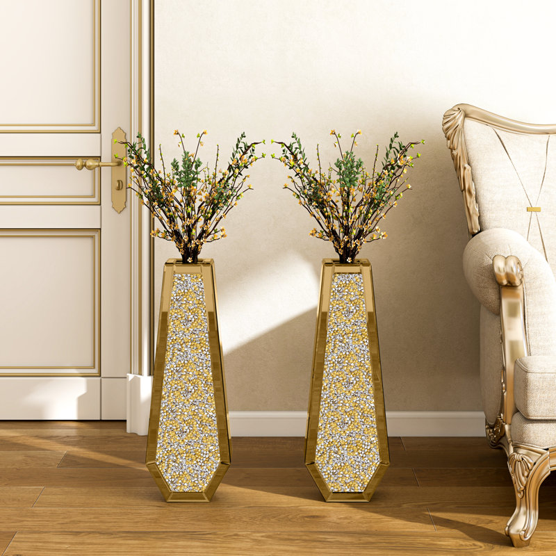 Glam Mirrored Glass Flower Vase Crushed Crystal (Set of 2), 61.5cm H x 11cm W x 21.5cm D, Gold