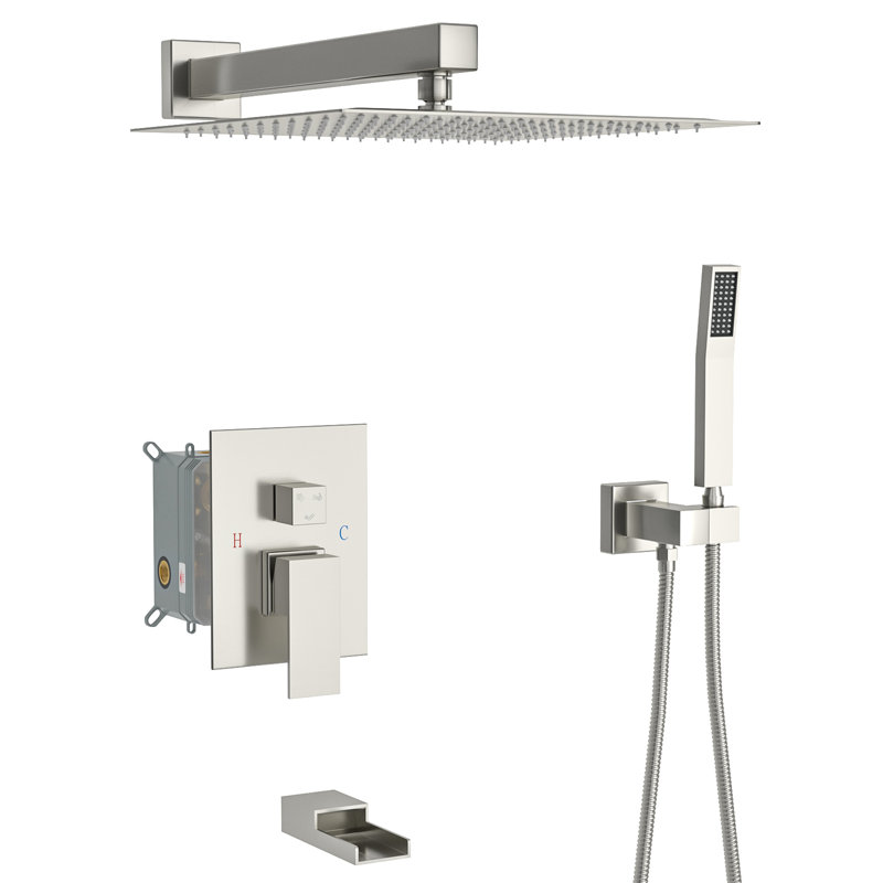 Shower System With Waterfall Tub Spout In Brushed Nickel - 10 Inch Wall Mounted, Square, 3 Function, Rain Shower, Handheld, Feature Kit Mounted Square Nickel, Overhead Tool