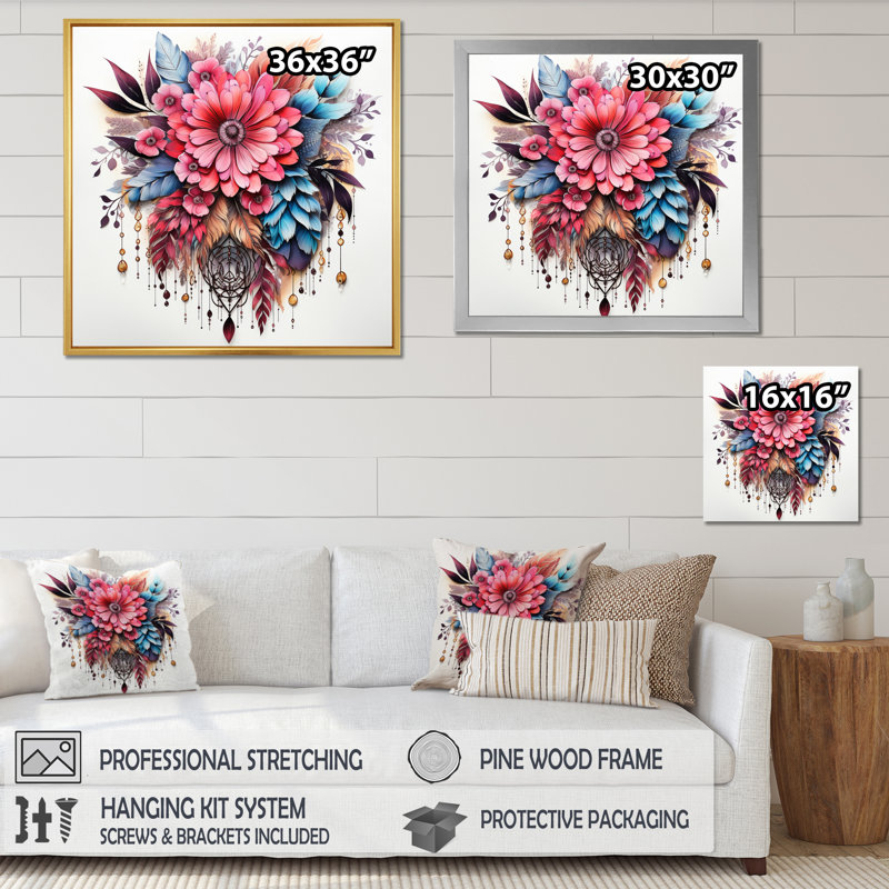 Fleurs de bohème rouge et plumes bleues, reproduction sur toile, 16" H x 16" W, Cadre flottant doré