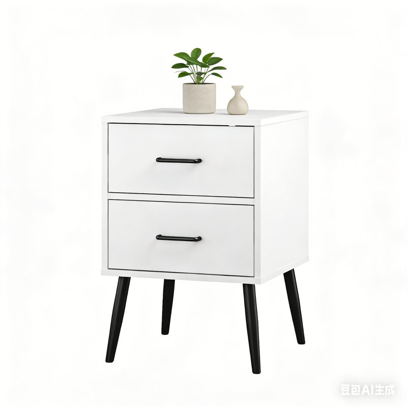 White 2 Drawer Nightstand, Mid-Century Modern End Table with Storage, Small Bedside Cabinet for Bedroom, 1