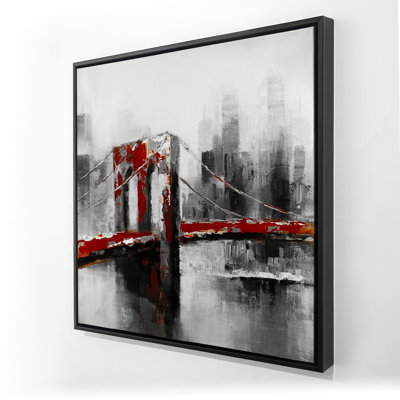 Abstract and Red Brooklyn Bridge - Framed Canvas Decor