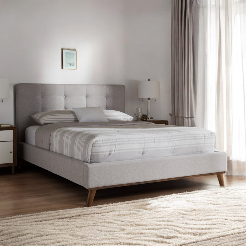 Valencia Queen-Sized Greyish Beige Tufted Upholstered Bed with Walnut Legs