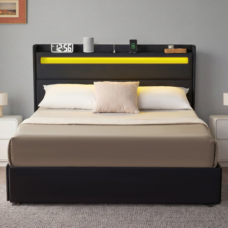 Berneil Upholstered Queen Bed Frame with RGBW LED Lights Headboard & 4 Storage Drawers, Black, Black, Queen