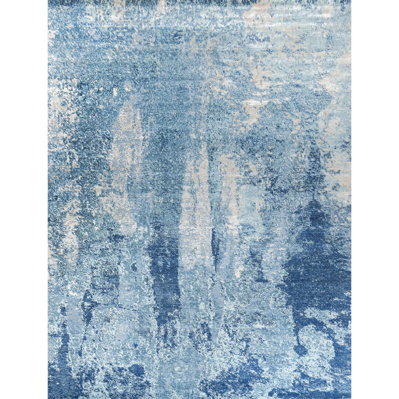 Tapis bleu et multicolore de haute qualité noué à la main