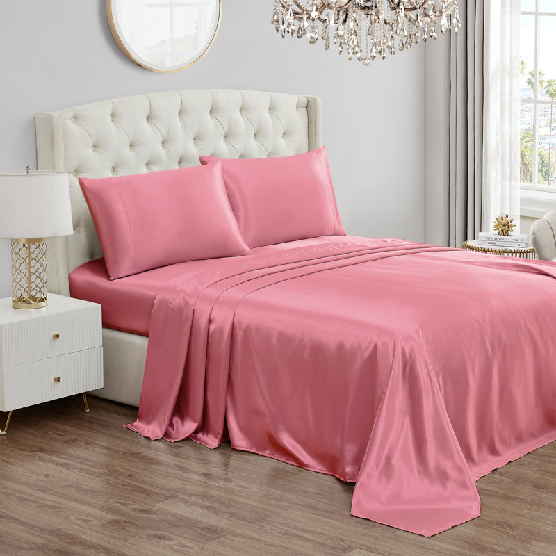 Juicy Couture Premium Silky Satin Sheet Sets, King Sheet Set with 2 Pillowcases, Rose Pink