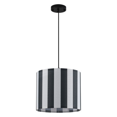 2-Pack Modern 12.6" 1-Light Drum Pendant Lights with Striped Fabric Shade and Adjustable Cord, Black & White (No Bulbs)