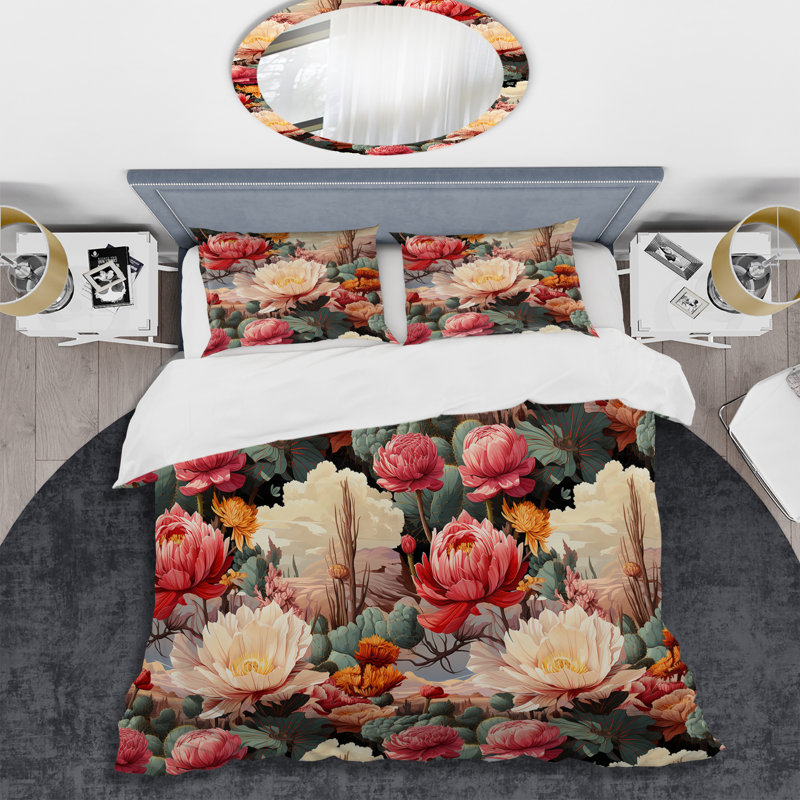 Multicolor Desert Bloom Floral Pattern Floral Duvet Cover, Twin Duvet Cover + 1 Standard Sham