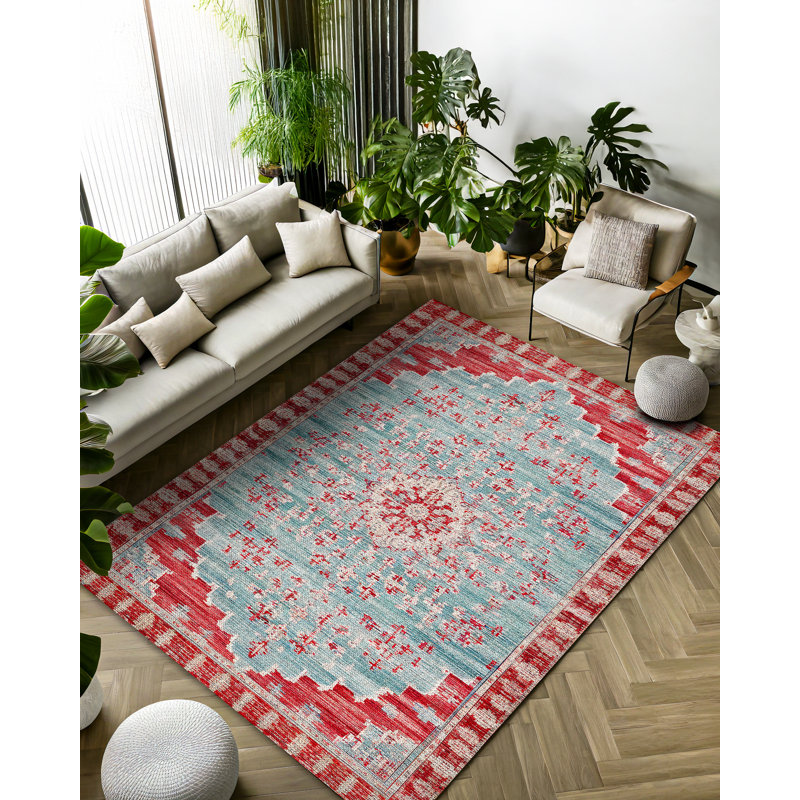 Gulustan Blue Red Oriental Machine Printed Cotton Polyester Area Rug, Runner 2'8" x 6'7"
