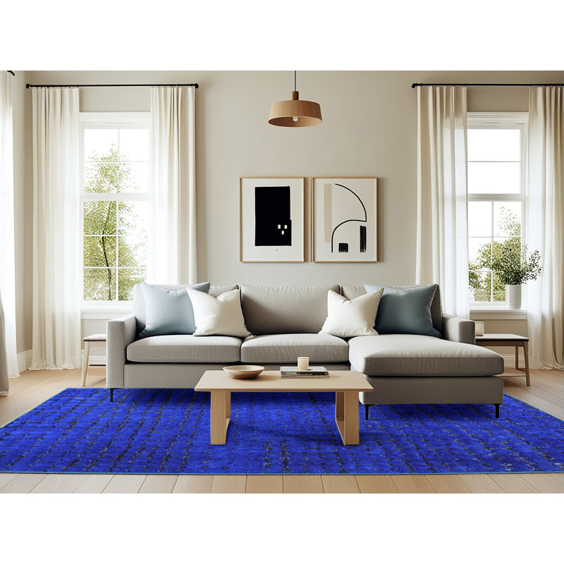 Tapis bleu abstrait en laine tissé à la machine 6 pi x 9 pi Zeyana