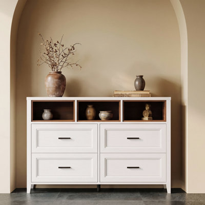 Commode 4 tiroirs avec 3 casiers ouverts couleur noyer