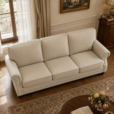 Canapé grand velours 85 po Aethelgard Heritage avec coussins de dossier amovibles, garniture cloutée double appliquée à la main et pieds tournés en bois massif