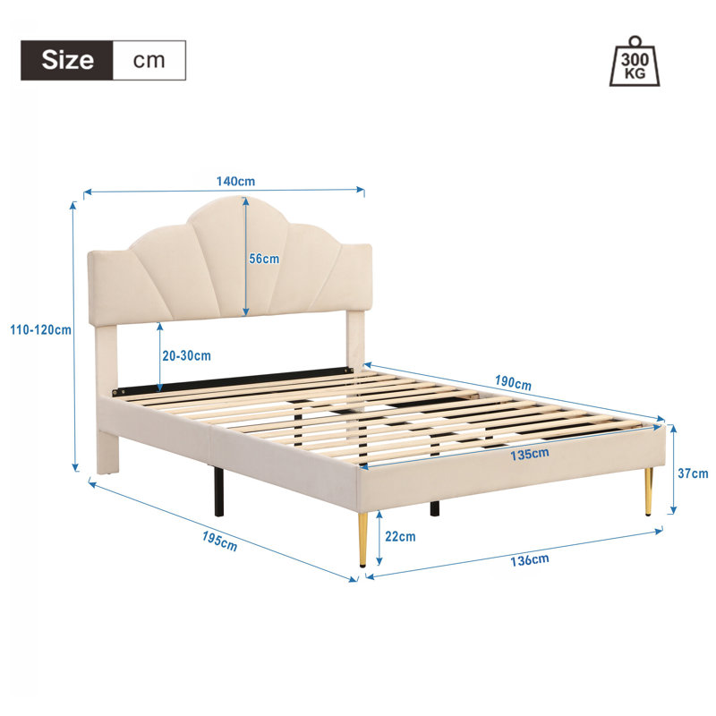 Akershus Upholstered Bed, UK Double - DE 135 x 190 cm, Beige