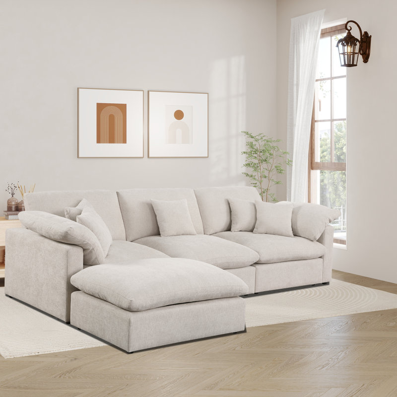 Luxurious Chenille Fabric 4-Piece Modular Sectional Sofa with Ottoman, Beige Chenille, 33.5" H x 117" W x 73" D