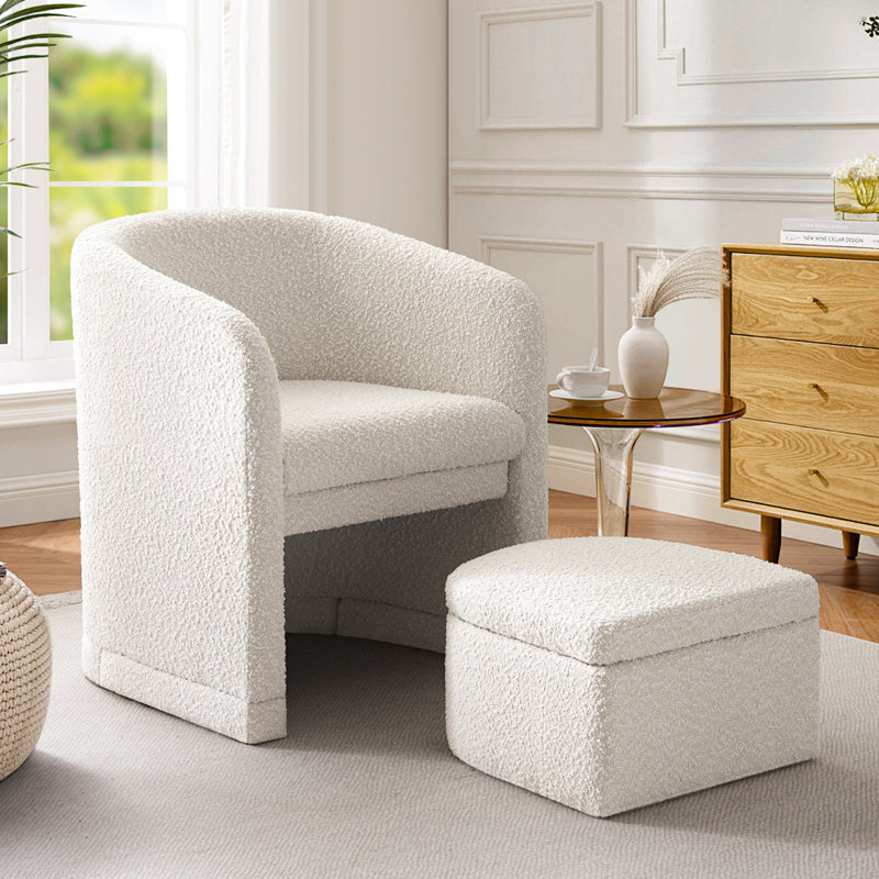 Fauteuil demi-tonneau rembourré moderne avec rangement Ottonman, Blanc