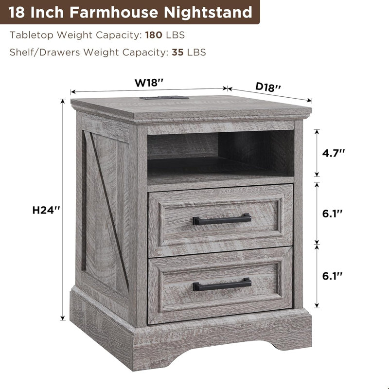 Wood 2 - Drawers Nightstand, Rustic End Table With Charging Station, Gray