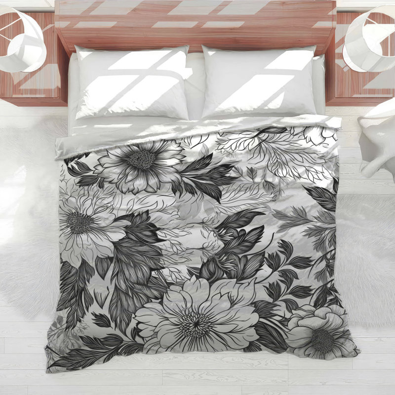 Black White Floral Illustration Comforter, Twin Extra Long